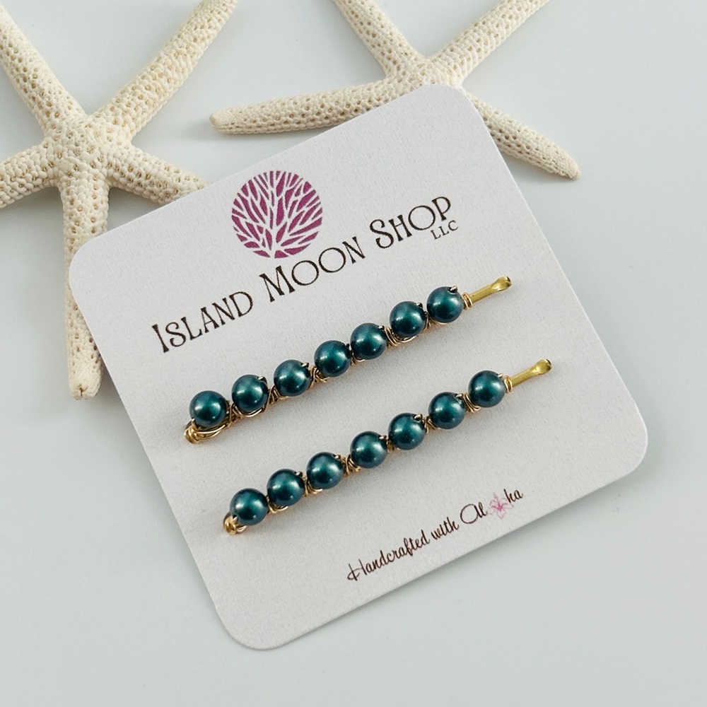 Teal Swarovski Pearl Beaded Hair Pins